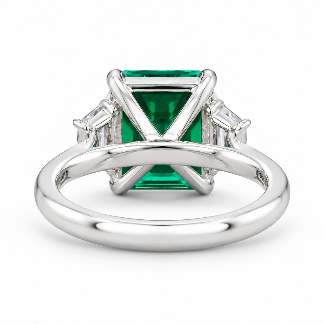 The Meridian — Emerald Three-Stone Ring in 14K white gold, back and setting