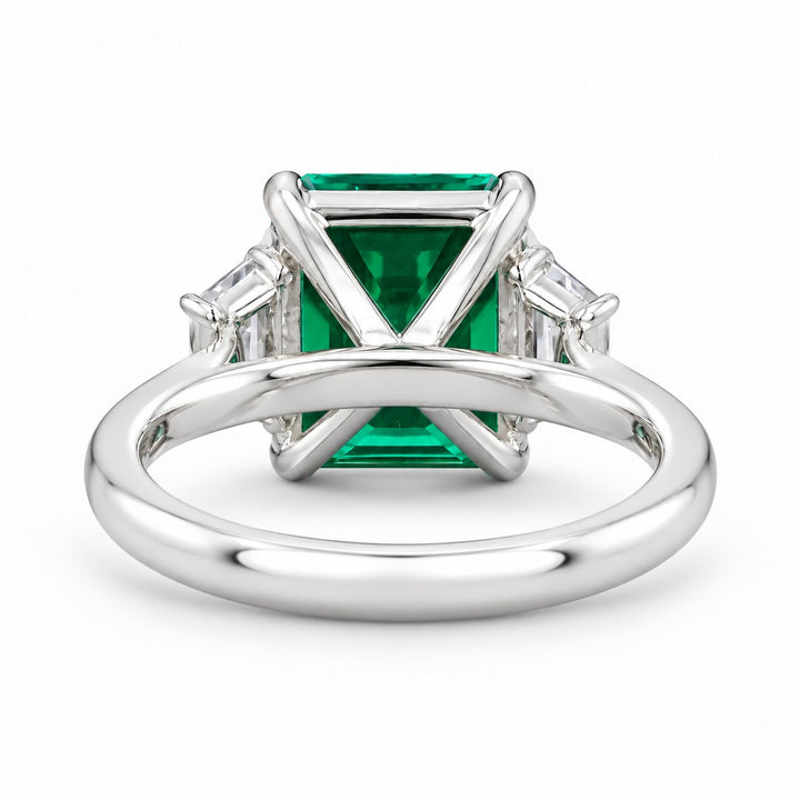 The Meridian — Emerald Three-Stone Ring in 14K white gold, back and setting