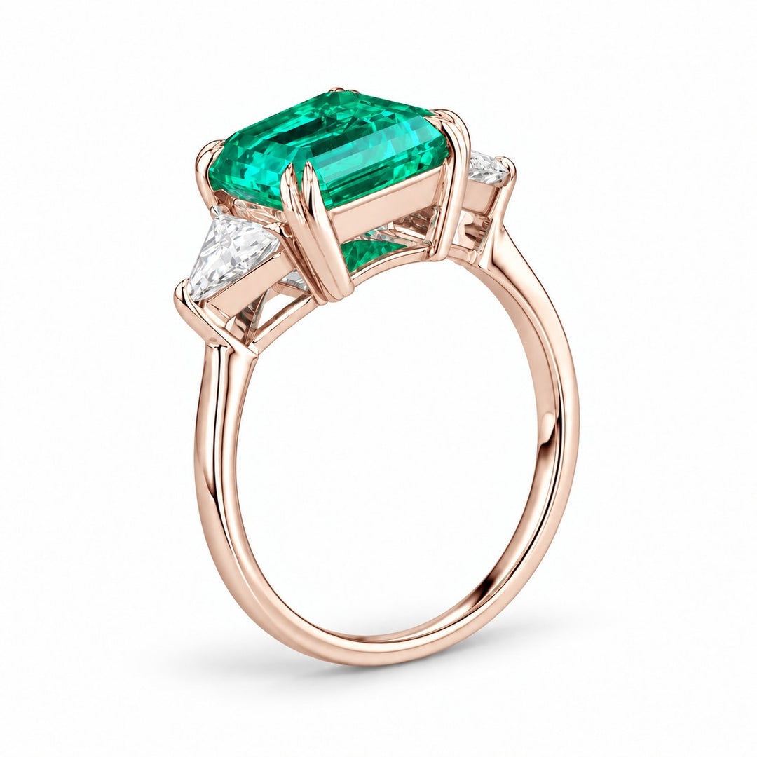 The Facet — Emerald Three-Stone Ring in 14K rose gold, profile