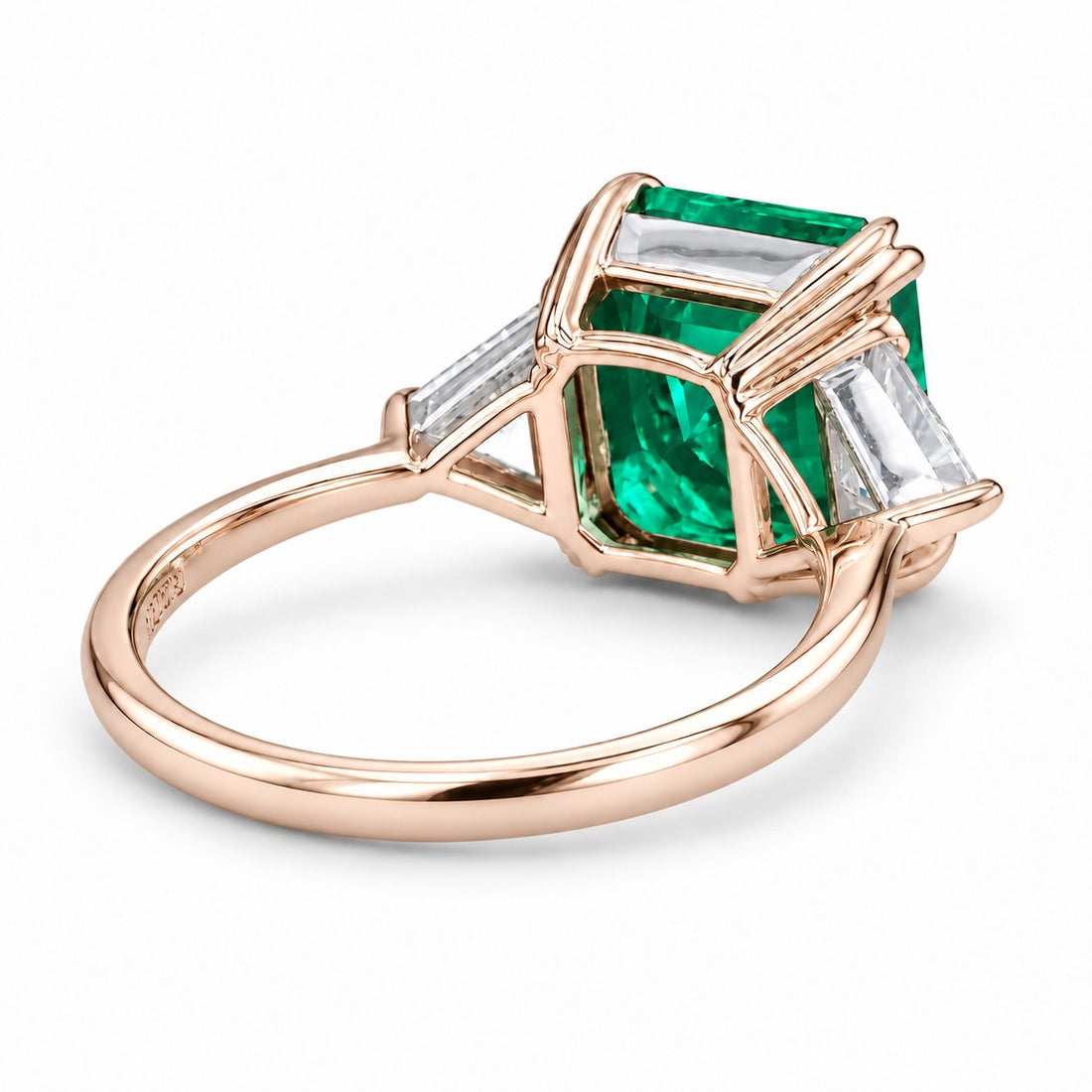 The Facet — Emerald Three-Stone Ring in 14K rose gold, back and setting