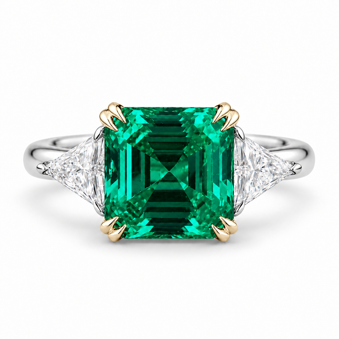 The Facet — Emerald Three-Stone Ring in 14K two-tone gold, front view