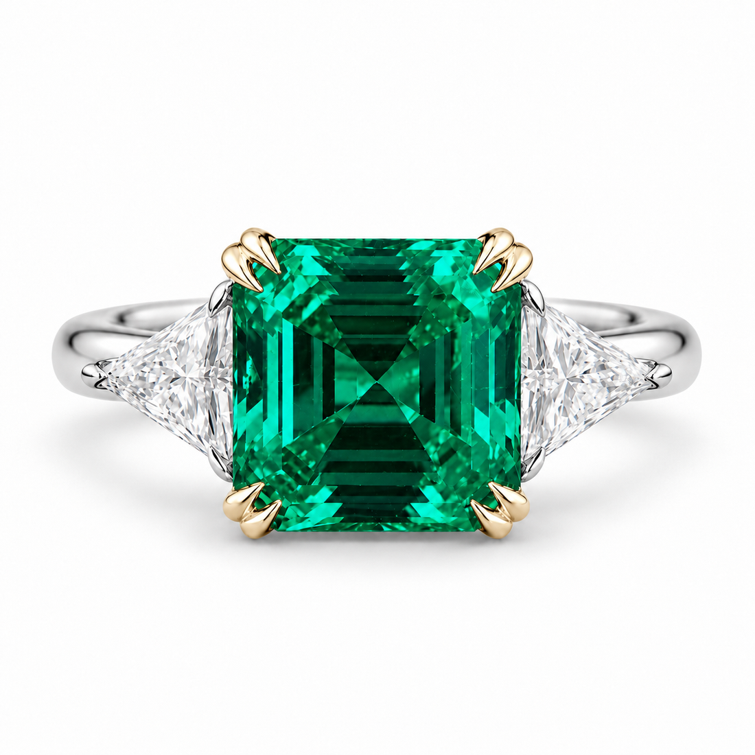 The Facet — Emerald Three-Stone Ring in 14K two-tone gold, front view