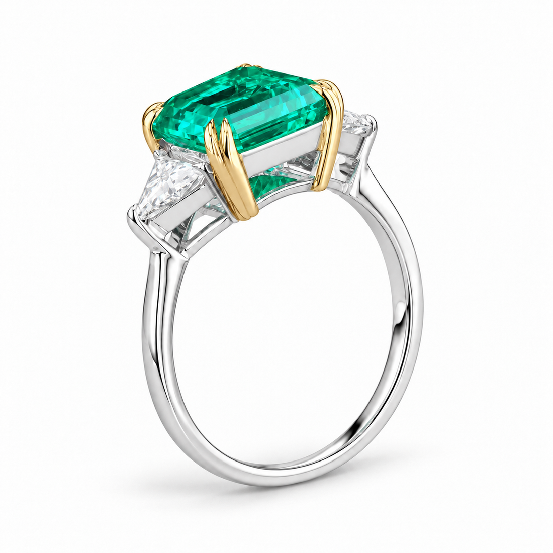 The Facet — Emerald Three-Stone Ring in 14K two-tone gold, profile