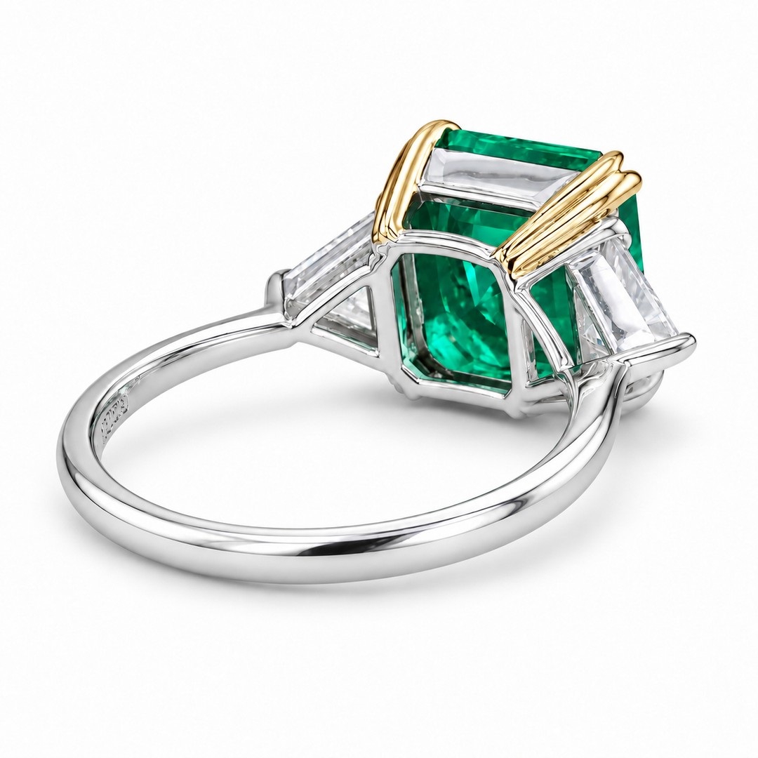 The Facet — Emerald Three-Stone Ring in 14K two-tone gold, back and setting