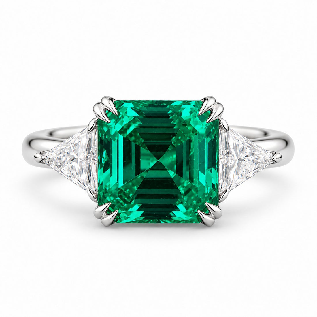 The Facet — Emerald Three-Stone Ring in 14K white gold, front view