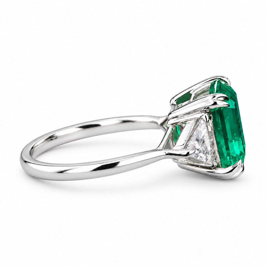 The Facet — Emerald Three-Stone Ring in 14K white gold, side view