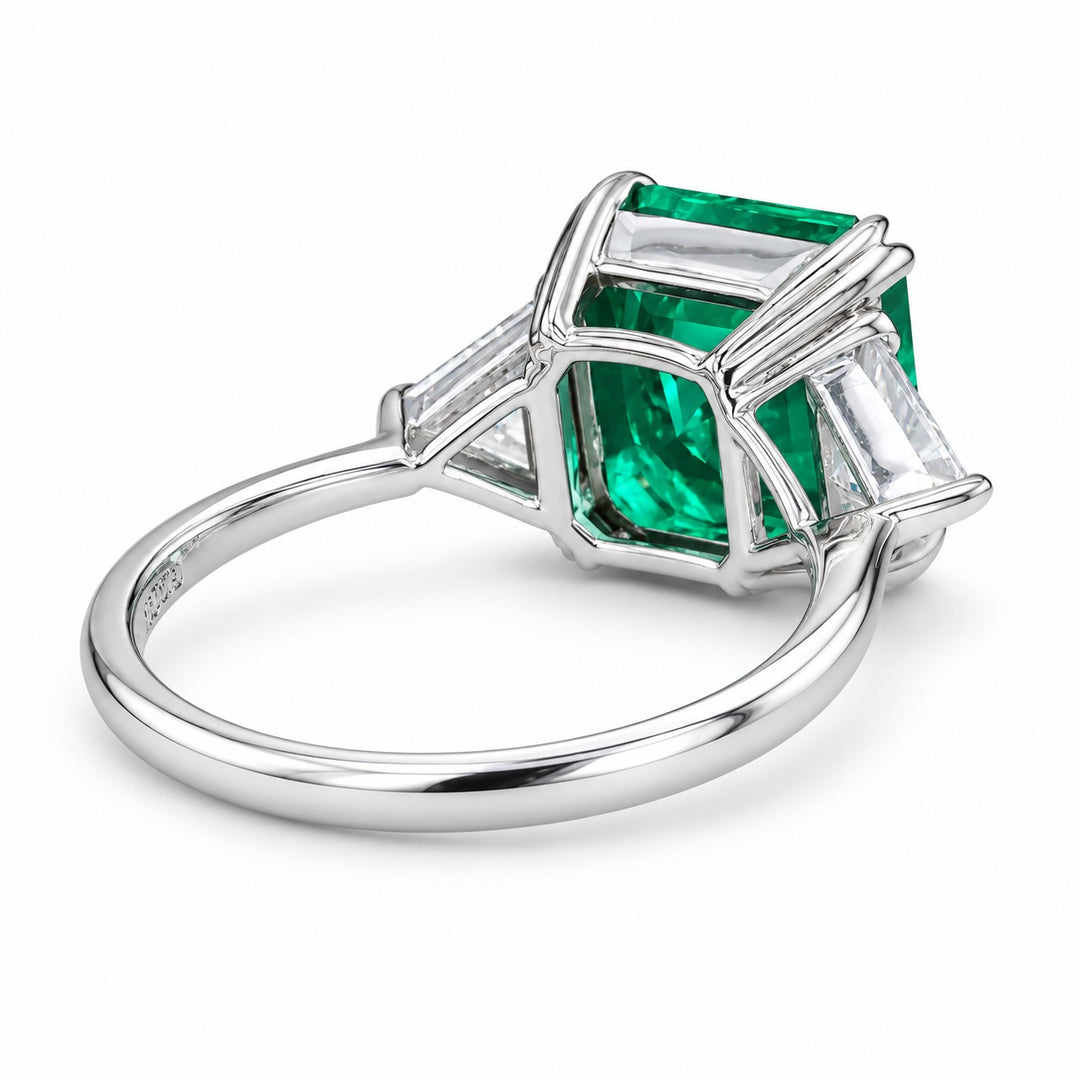 The Facet — Emerald Three-Stone Ring in 14K white gold, back and setting
