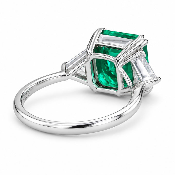 The Facet — Emerald Three-Stone Ring in 14K white gold, back and setting