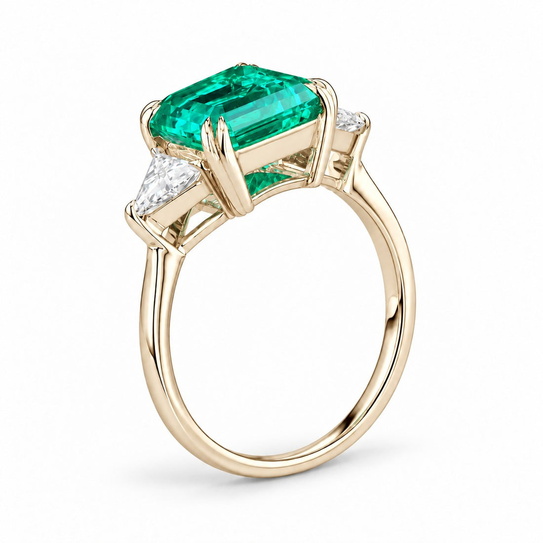 The Facet — Emerald Three-Stone Ring in 14K yellow gold, profile