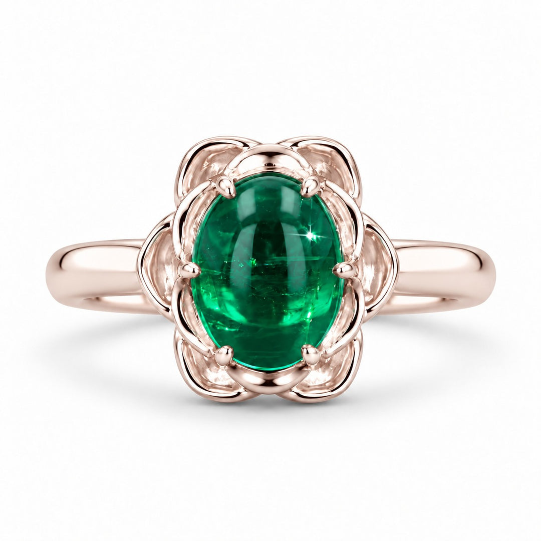 The Bloom — Cabochon Emerald Ring in 14K rose gold, front view