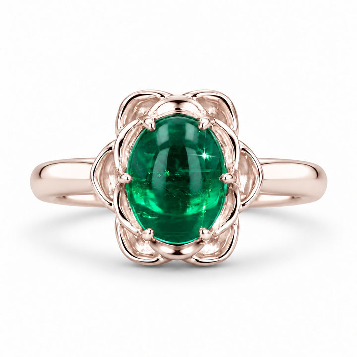 The Bloom — Cabochon Emerald Ring in 14K rose gold, front view