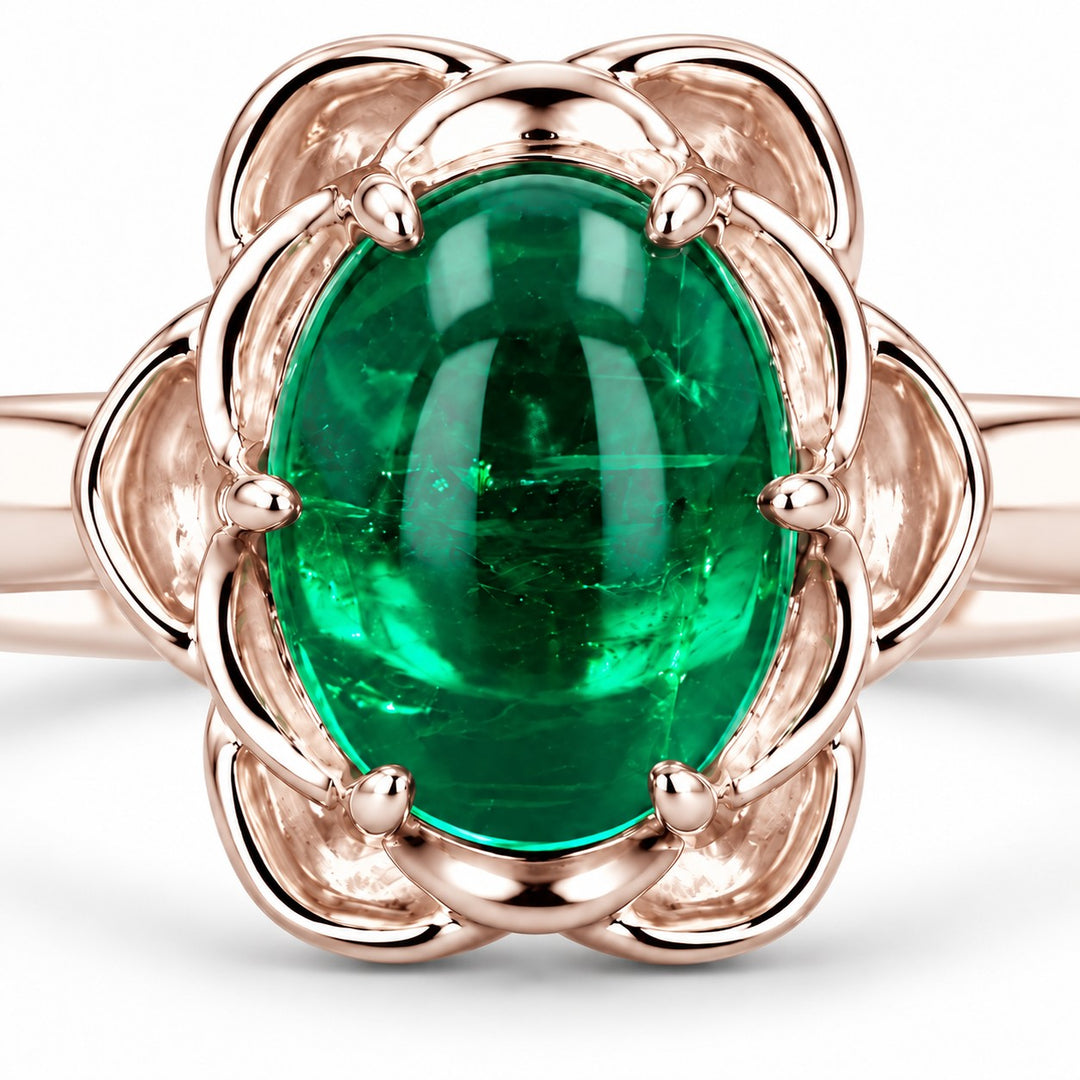 The Bloom — Cabochon Emerald Ring in 14K rose gold, stone and setting detail