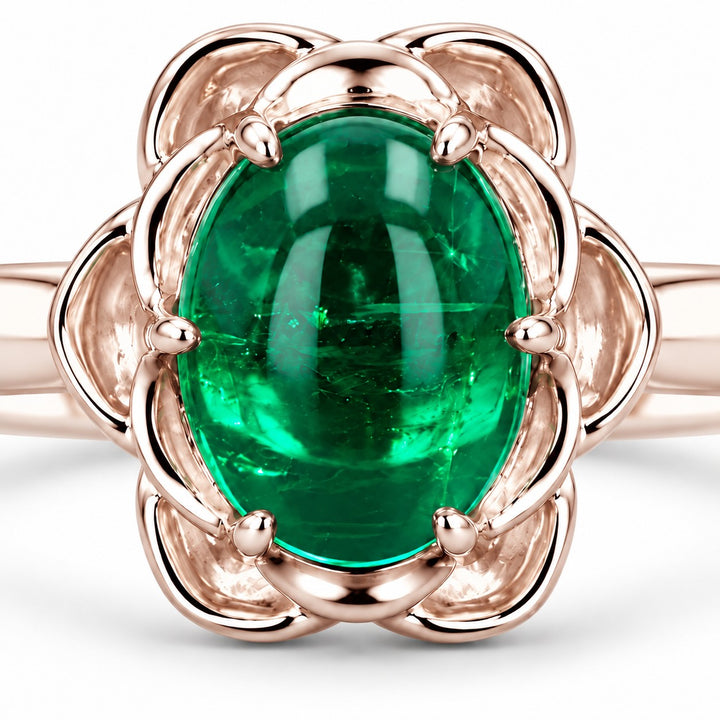 The Bloom — Cabochon Emerald Ring in 14K rose gold, stone and setting detail