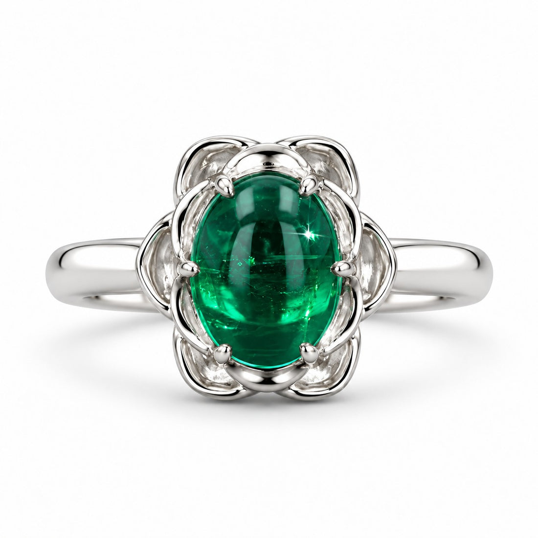 The Bloom — Cabochon Emerald Ring in 14K white gold, front view