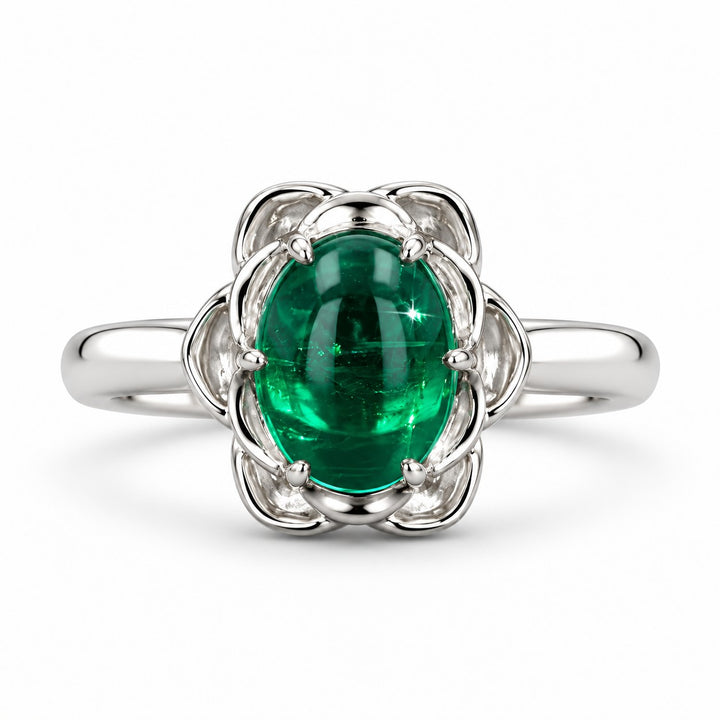 The Bloom — Cabochon Emerald Ring in 14K white gold, front view