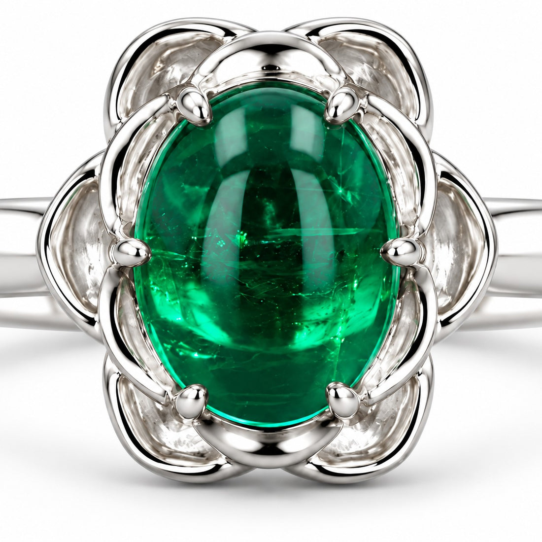 The Bloom — Cabochon Emerald Ring in 14K white gold, stone and setting detail