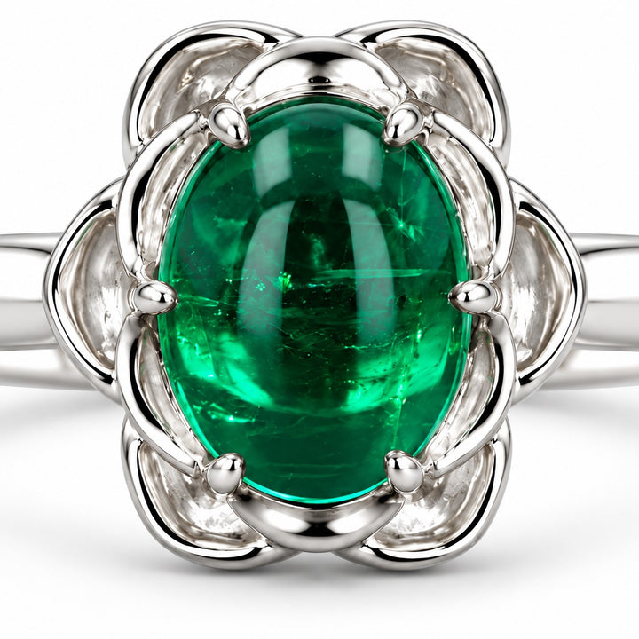 The Bloom — Cabochon Emerald Ring in 14K white gold, stone and setting detail
