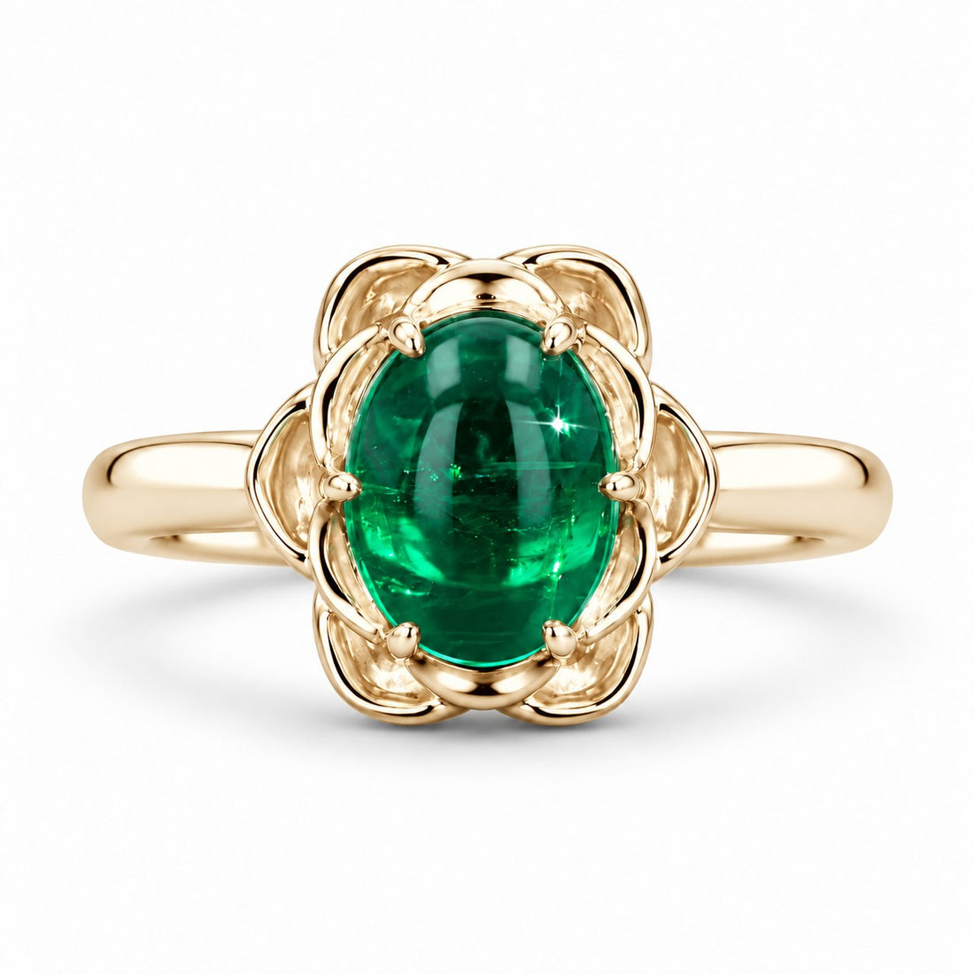 The Bloom — Cabochon Emerald Ring in 14K yellow gold, front view