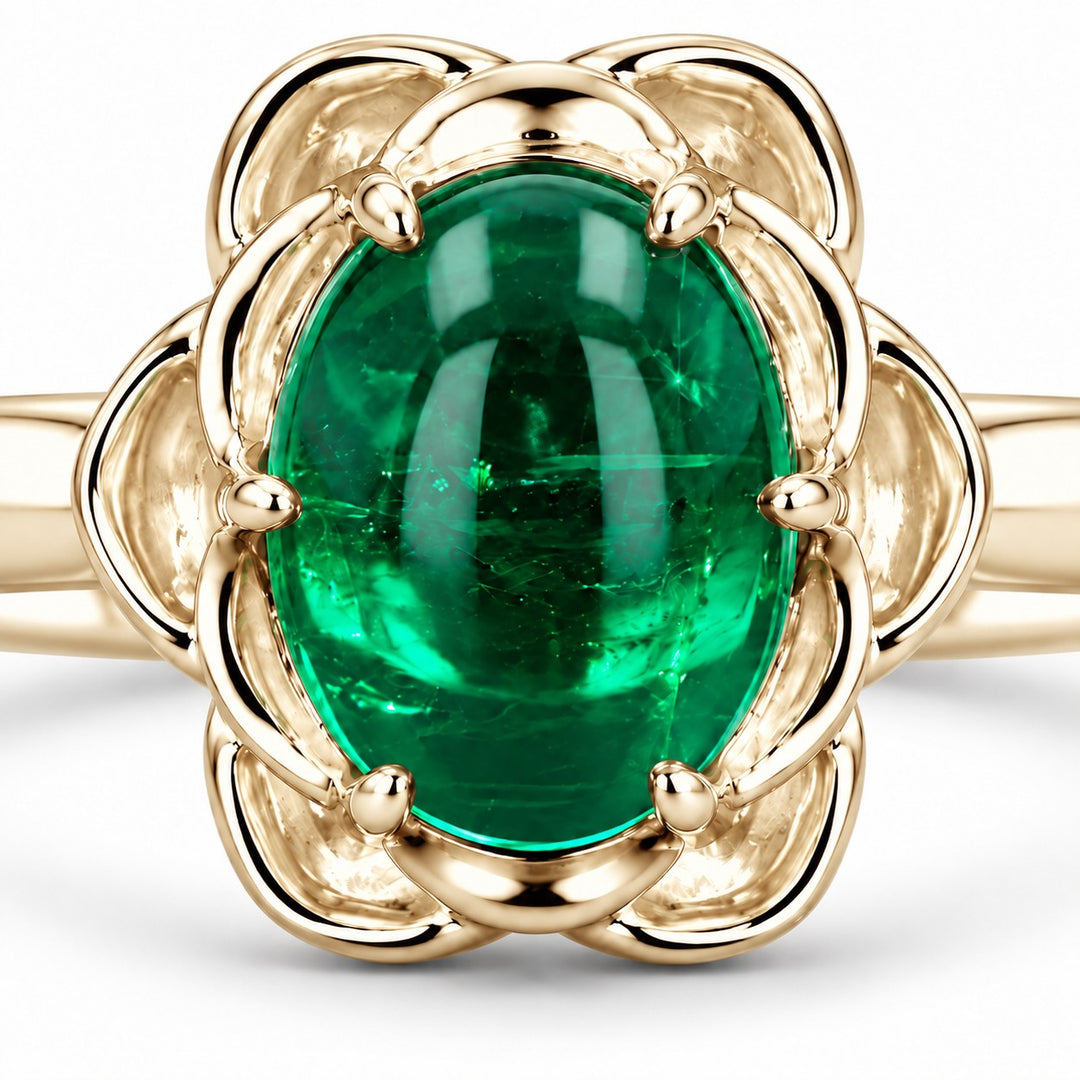 The Bloom — Cabochon Emerald Ring in 14K yellow gold, stone and setting detail
