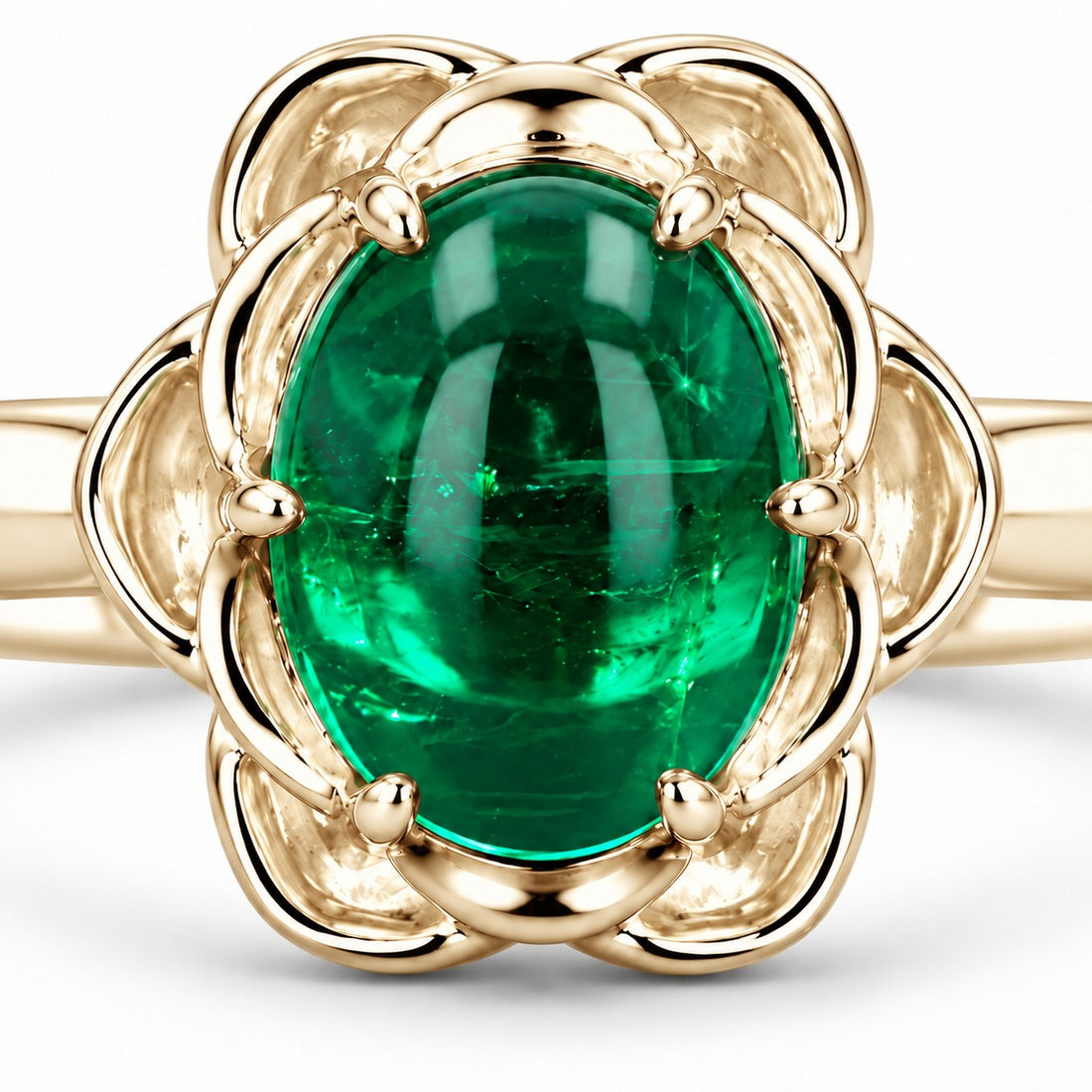 The Bloom — Cabochon Emerald Ring in 14K yellow gold, stone and setting detail