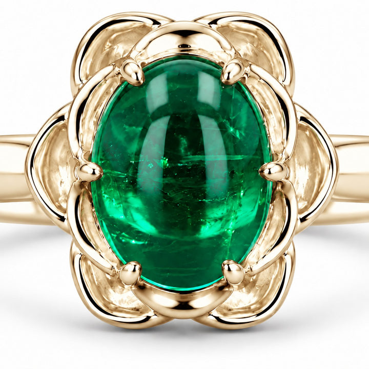 The Bloom — Cabochon Emerald Ring in 14K yellow gold, stone and setting detail