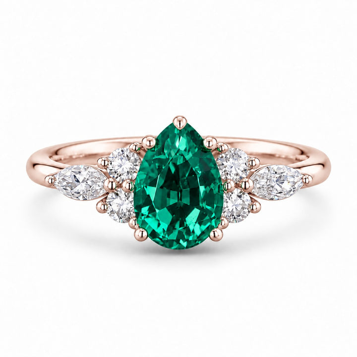 The Dew — Pear Emerald Ring in 14K rose gold, front view