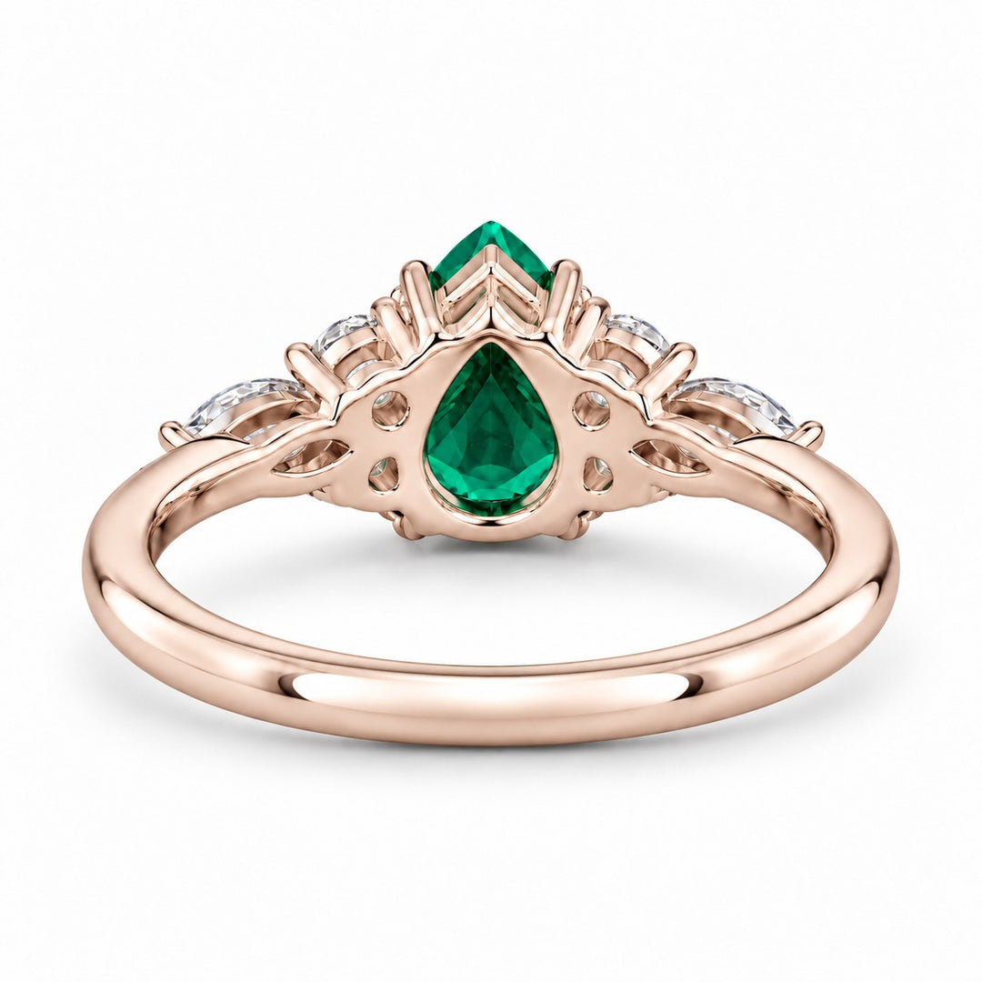 The Dew — Pear Emerald Ring in 14K rose gold, back and setting
