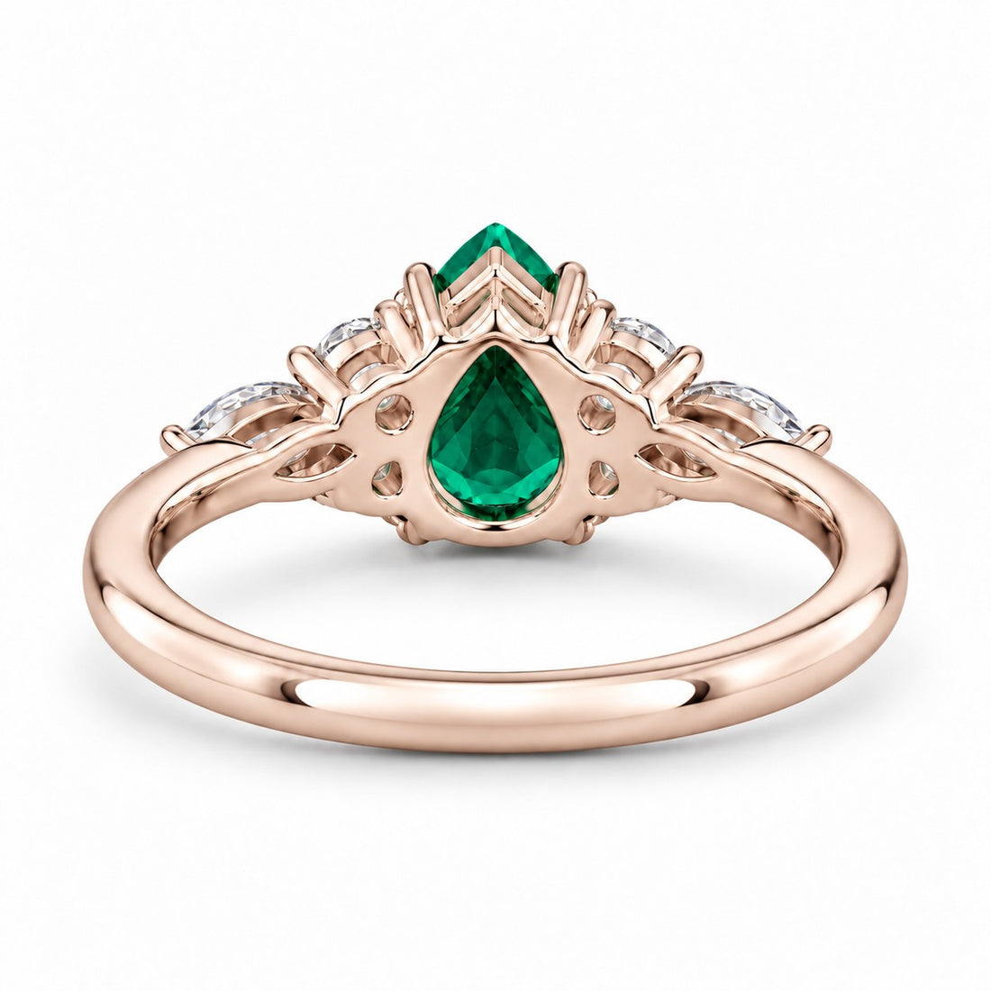 The Dew — Pear Emerald Ring in 14K rose gold, back and setting
