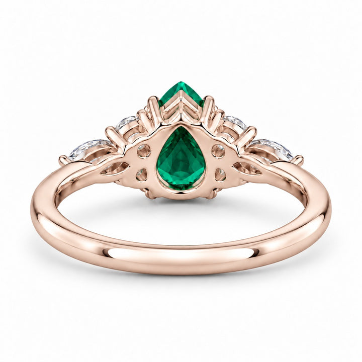 The Dew — Pear Emerald Ring in 14K rose gold, back and setting