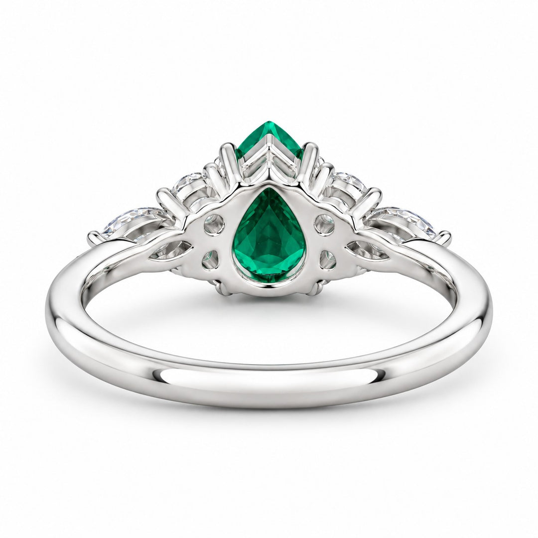 The Dew — Pear Emerald Ring in 14K white gold, back and setting