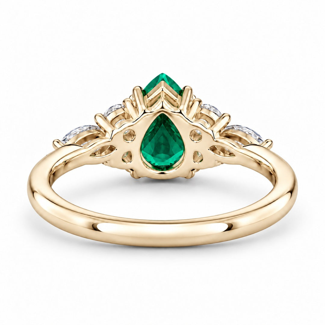 The Dew — Pear Emerald Ring in 14K yellow gold, back and setting
