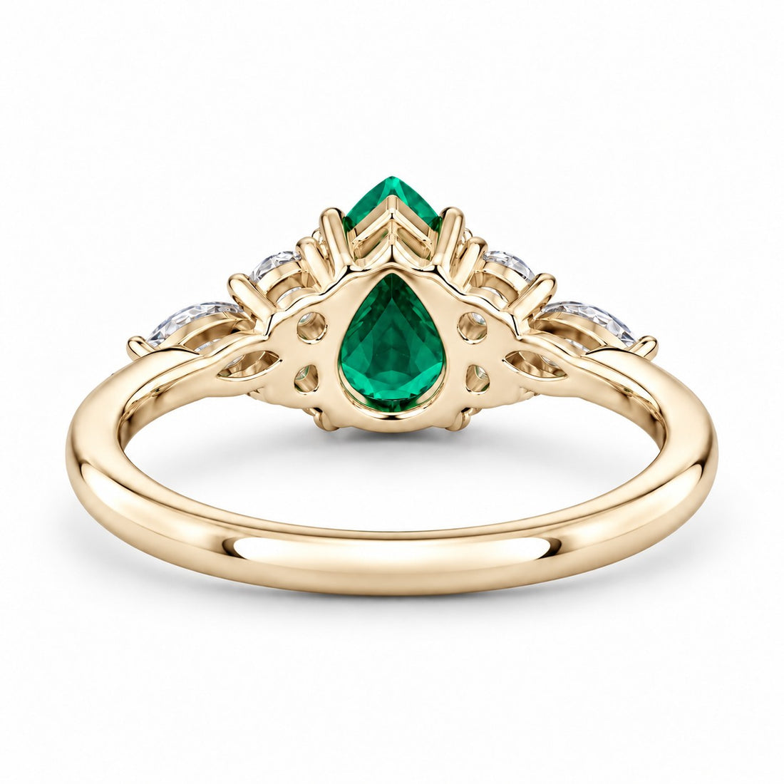 The Dew — Pear Emerald Ring in 14K yellow gold, back and setting