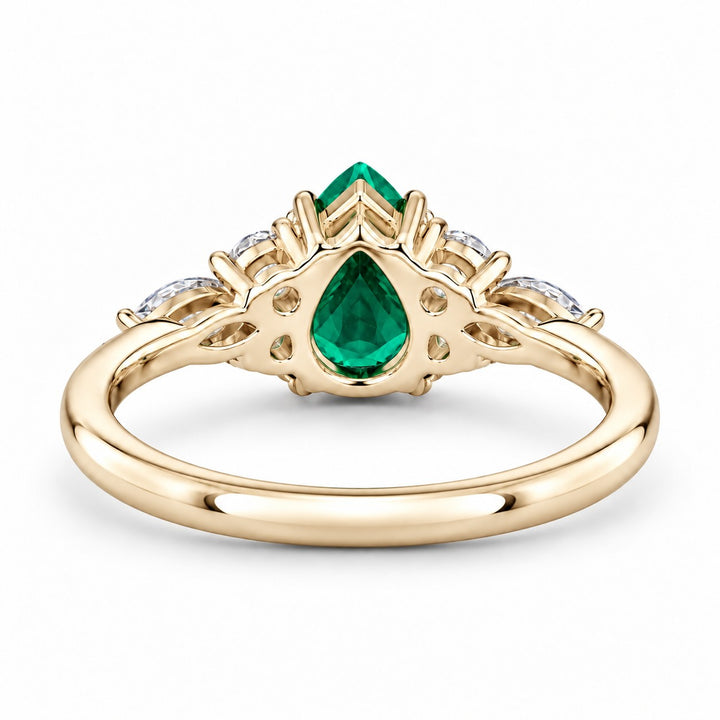 The Dew — Pear Emerald Ring in 14K yellow gold, back and setting