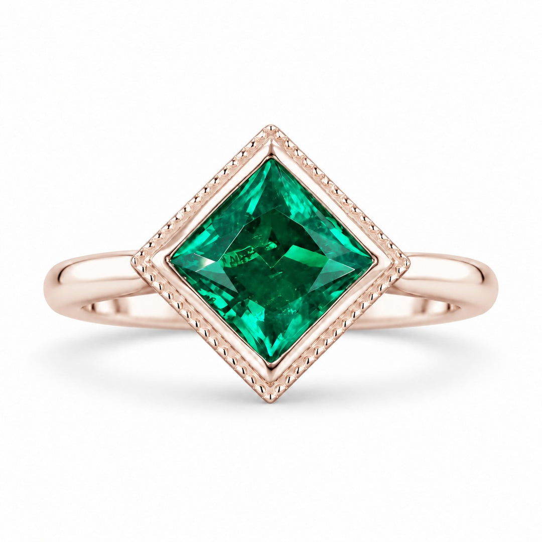 The Compass — Milgrain Bezel Emerald Ring in 14K rose gold, front view