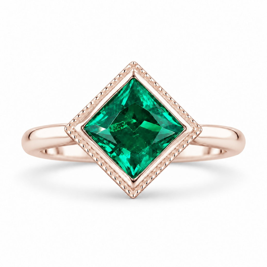 The Compass — Milgrain Bezel Emerald Ring in 14K rose gold, front view