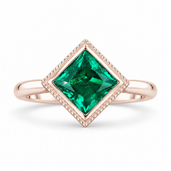The Compass — Milgrain Bezel Emerald Ring in 14K rose gold, front view