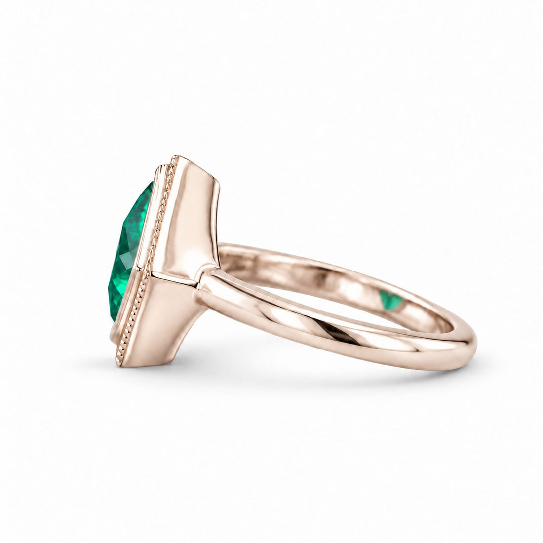 The Compass — Milgrain Bezel Emerald Ring in 14K rose gold, side view