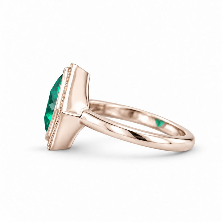 The Compass — Milgrain Bezel Emerald Ring in 14K rose gold, side view