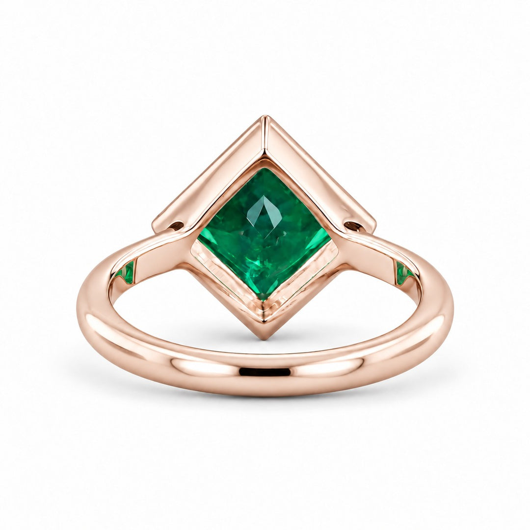 The Compass — Milgrain Bezel Emerald Ring in 14K rose gold, back and setting