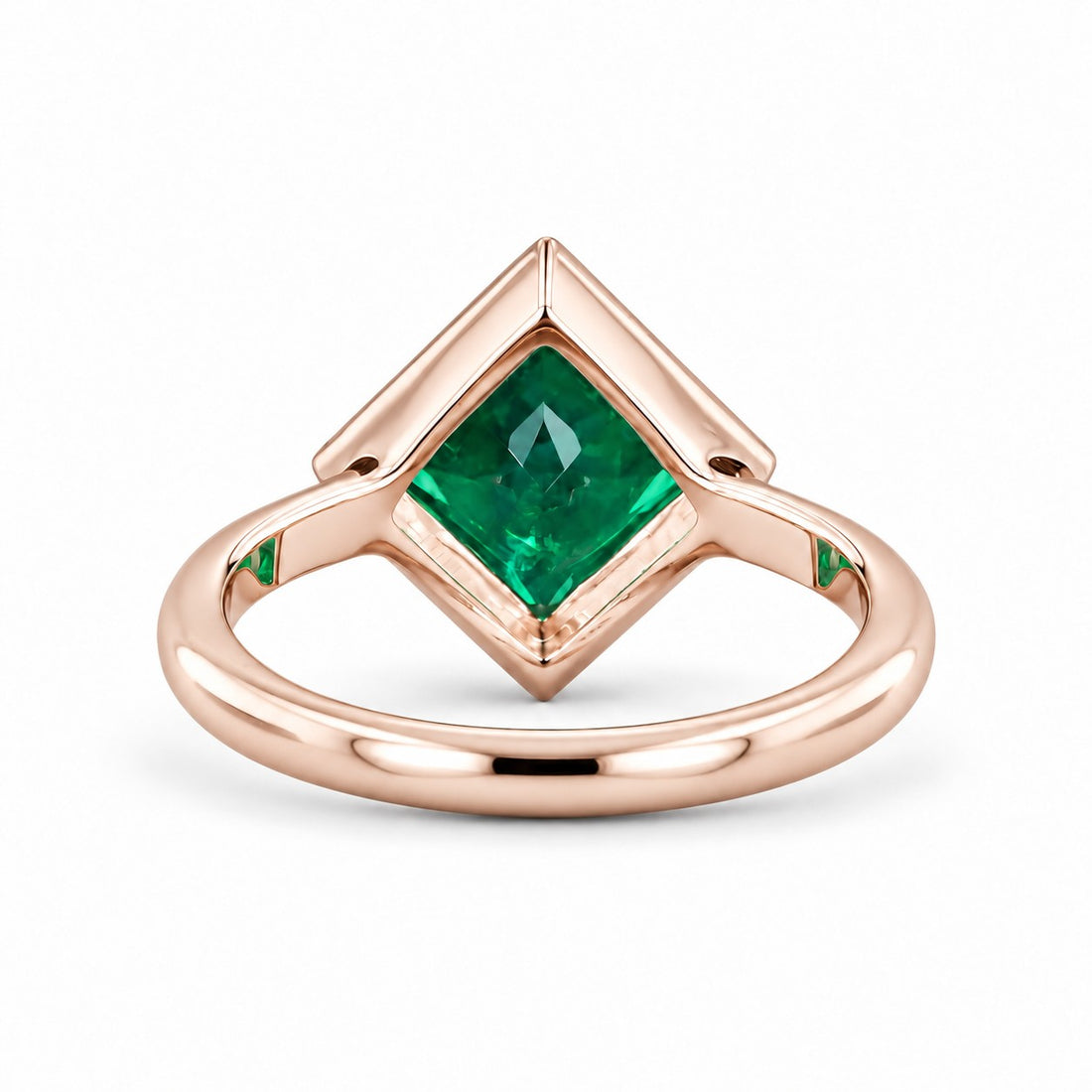 The Compass — Milgrain Bezel Emerald Ring in 14K rose gold, back and setting
