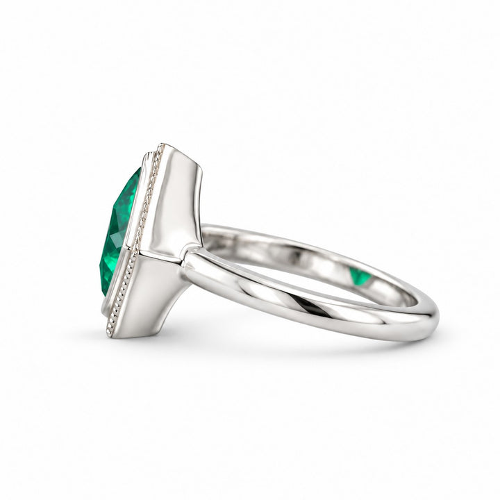 The Compass — Milgrain Bezel Emerald Ring in 14K white gold, side view