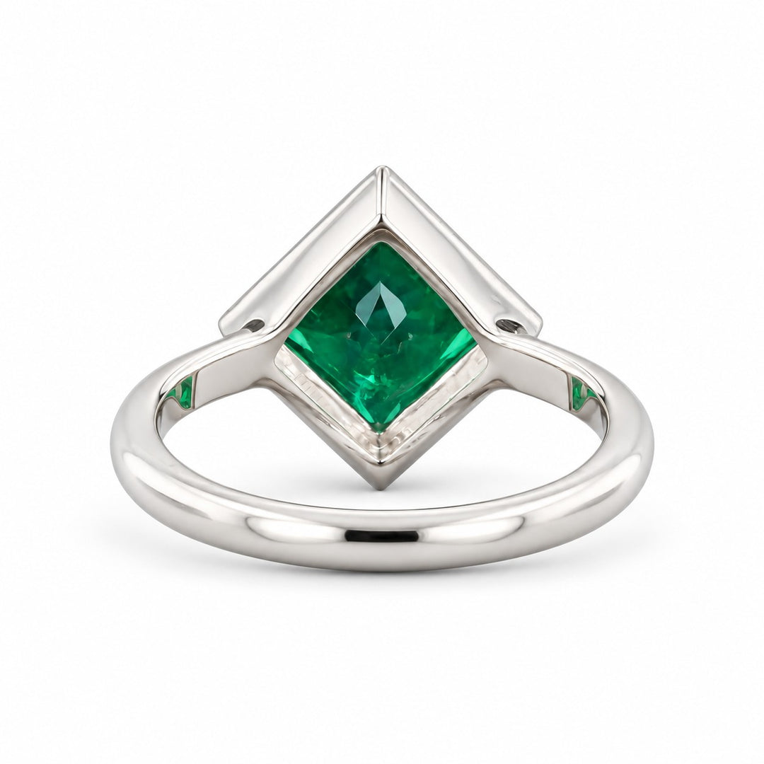 The Compass — Milgrain Bezel Emerald Ring in 14K white gold, back and setting