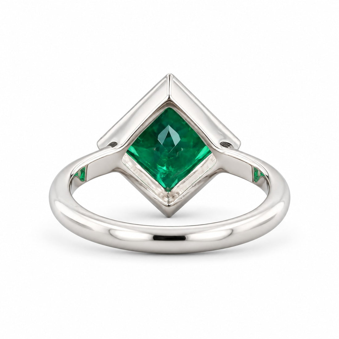 The Compass — Milgrain Bezel Emerald Ring in 14K white gold, back and setting