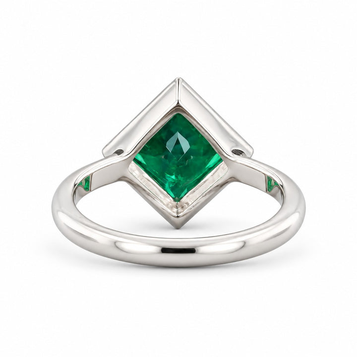 The Compass — Milgrain Bezel Emerald Ring in 14K white gold, back and setting