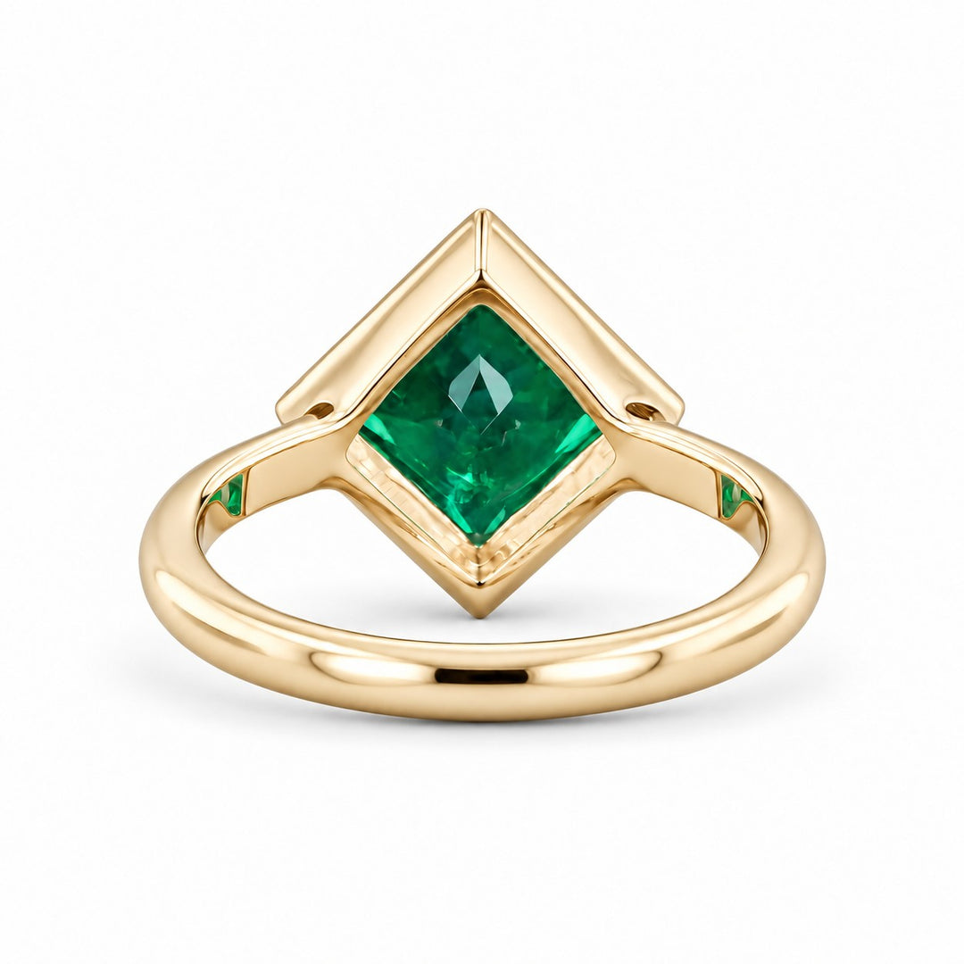 The Compass — Milgrain Bezel Emerald Ring in 14K yellow gold, back and setting