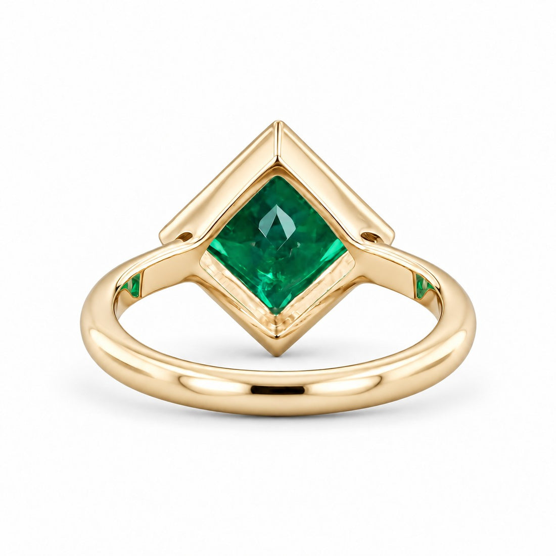 The Compass — Milgrain Bezel Emerald Ring in 14K yellow gold, back and setting