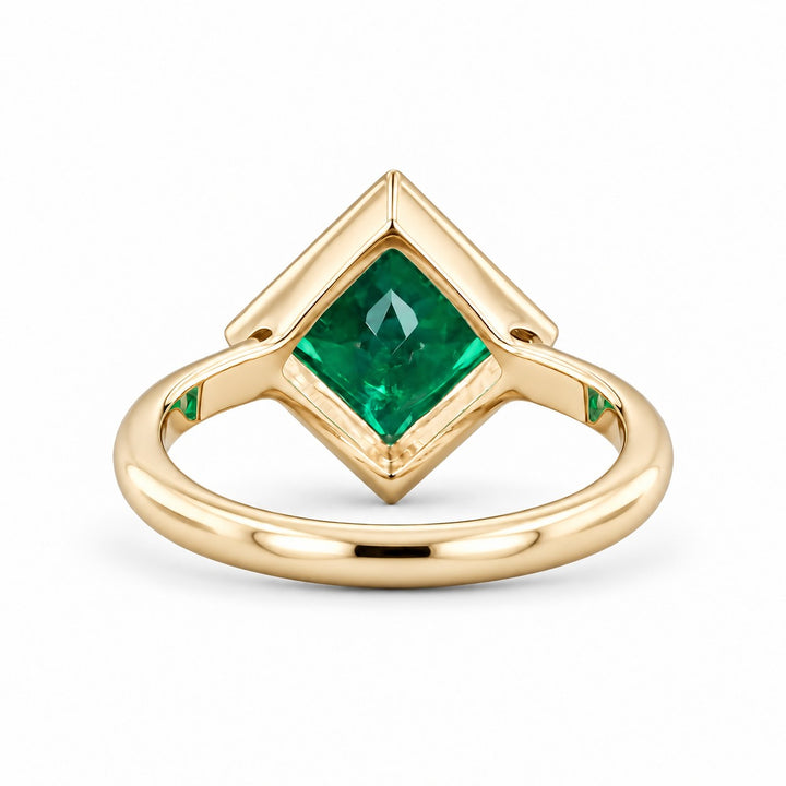 The Compass — Milgrain Bezel Emerald Ring in 14K yellow gold, back and setting