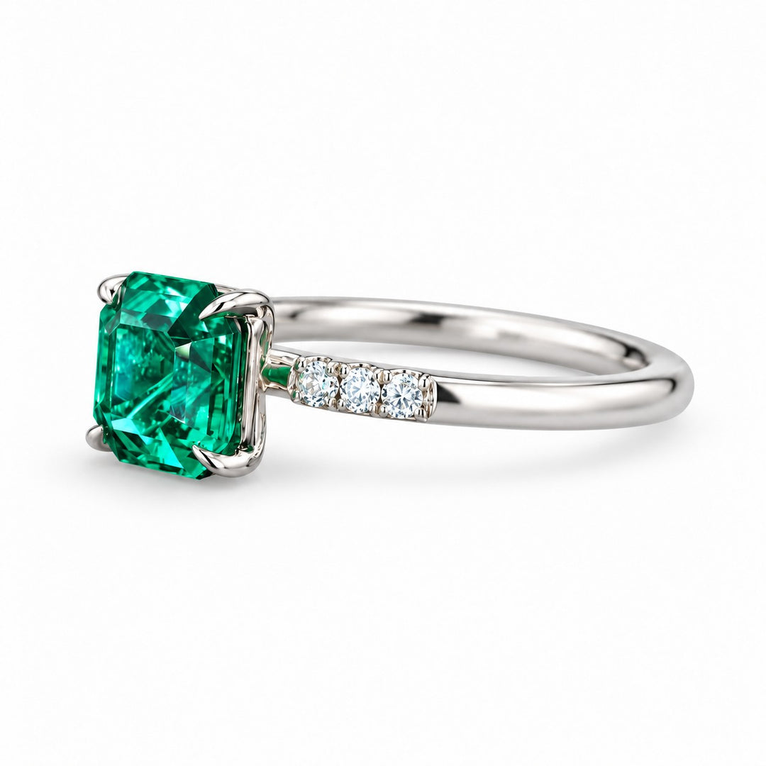 The Calibre — Emerald Accent Ring in 14K white gold, side view