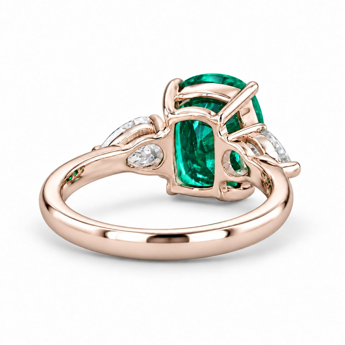 The Elysian — Cushion Three-Stone Emerald Ring in 14K rose gold, back and setting