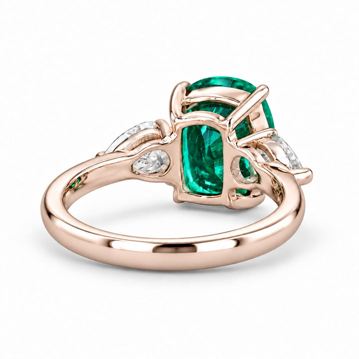 The Elysian — Cushion Three-Stone Emerald Ring in 14K rose gold, back and setting